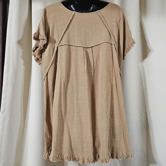 Umgee Size L Brown Tan Short Sleeve Linen Cotton Blend Top Lagenlook Fray - Picture 2 of 6